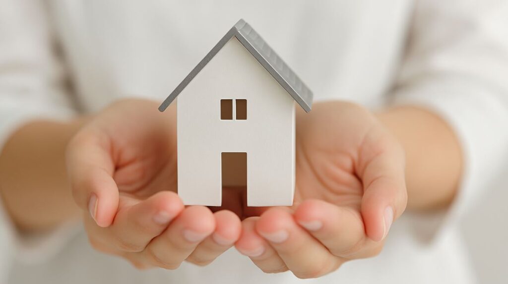 Modelo de casa blanca con tejado gris sostenido cuidadosamente por unas manos humanas, simbolizando protección y propiedad inmobiliaria