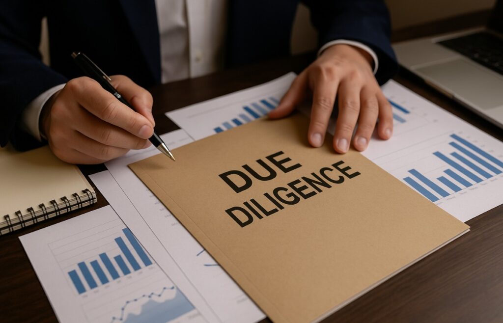 Mesa de trabajo con documentación y ordenador en revisión de diligencia debida en empresa – prevención de riesgos legales y fiscales