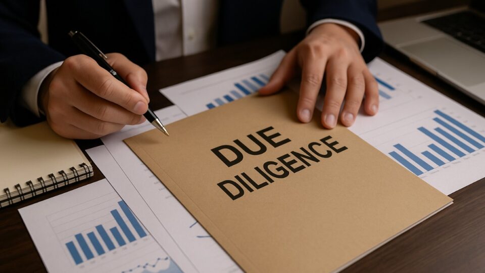 Mesa de trabajo con documentación y ordenador en revisión de diligencia debida en empresa – prevención de riesgos legales y fiscales