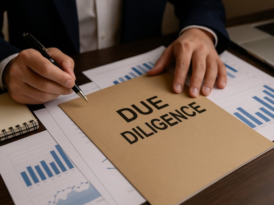 Mesa de trabajo con documentación y ordenador en revisión de diligencia debida en empresa – prevención de riesgos legales y fiscales