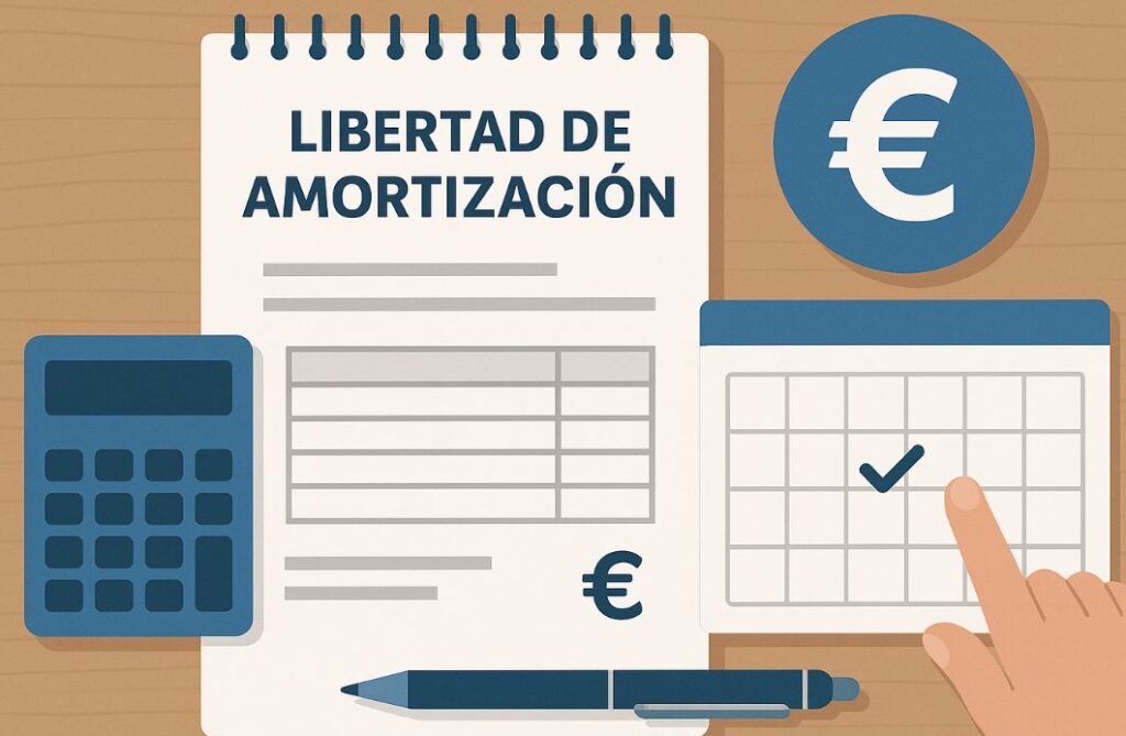 Ilustración de una hoja con el texto 'Libertad de Amortización', una calculadora, un calendario marcado y un símbolo de euro sobre una mesa