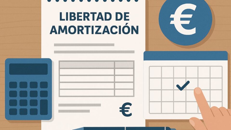Ilustración de una hoja con el texto 'Libertad de Amortización', una calculadora, un calendario marcado y un símbolo de euro sobre una mesa