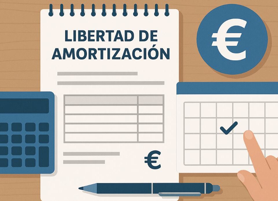 Ilustración de una hoja con el texto 'Libertad de Amortización', una calculadora, un calendario marcado y un símbolo de euro sobre una mesa
