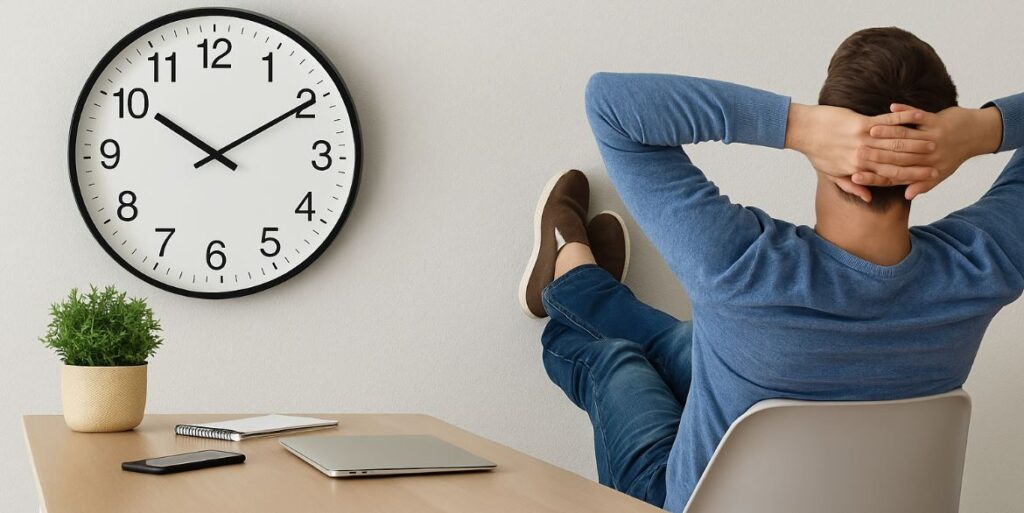 Hombre relajado en su escritorio con las manos detrás de la cabeza, junto a un gran reloj marcando las 10:10, transmitiendo la idea de desconexión digital y reducción de jornada según la nueva ley laboral.