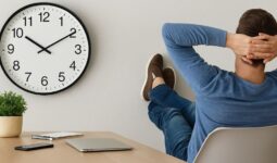 Hombre relajado en su escritorio con las manos detrás de la cabeza, junto a un gran reloj marcando las 10:10, transmitiendo la idea de desconexión digital y reducción de jornada según la nueva ley laboral.