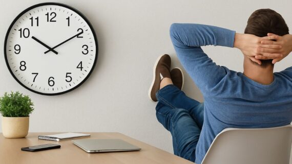 Hombre relajado en su escritorio con las manos detrás de la cabeza, junto a un gran reloj marcando las 10:10, transmitiendo la idea de desconexión digital y reducción de jornada según la nueva ley laboral.