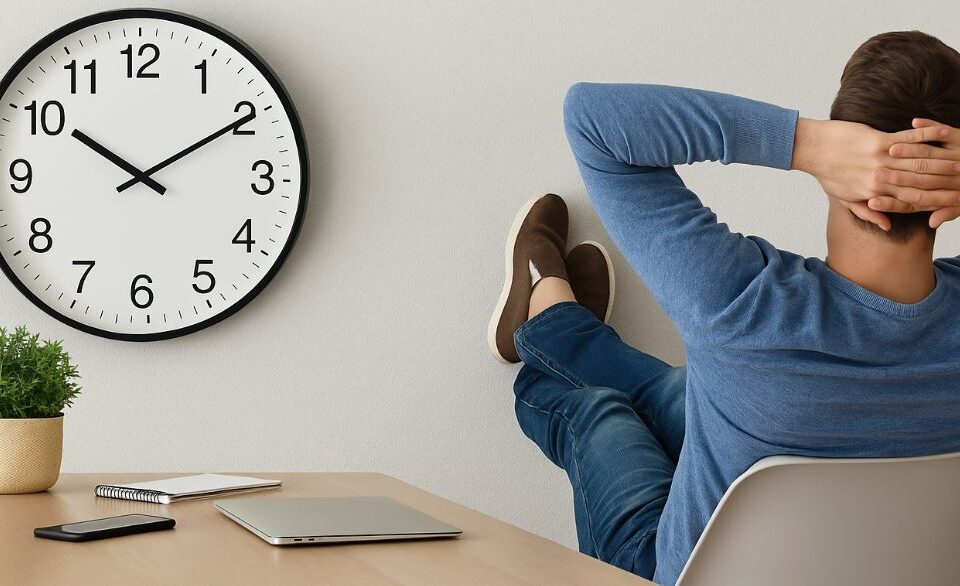 Hombre relajado en su escritorio con las manos detrás de la cabeza, junto a un gran reloj marcando las 10:10, transmitiendo la idea de desconexión digital y reducción de jornada según la nueva ley laboral.