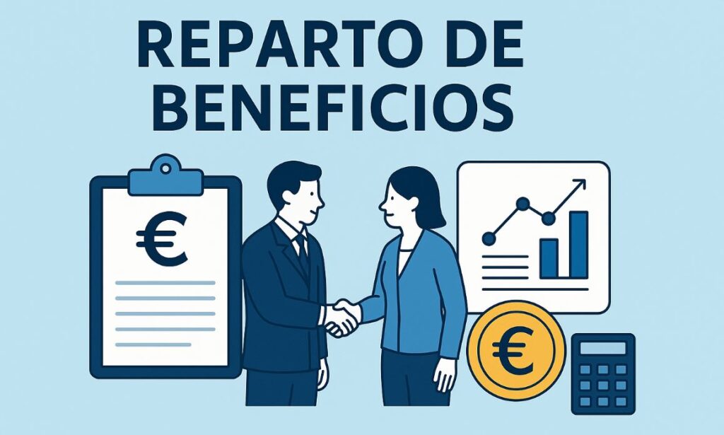 reparto de beneficios con empresarios dándose la mano, un gráfico financiero, una moneda de euro, calculadora y documento económico