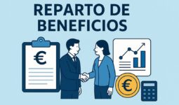 reparto de beneficios con empresarios dándose la mano, un gráfico financiero, una moneda de euro, calculadora y documento económico