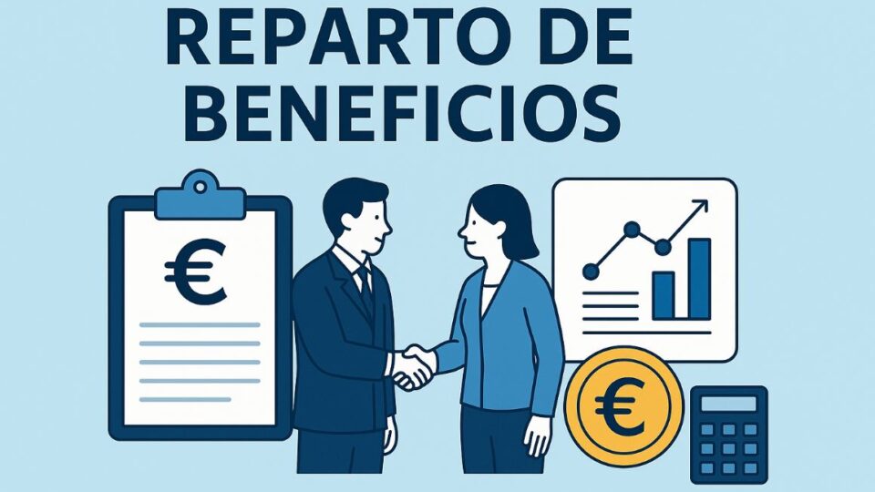 reparto de beneficios con empresarios dándose la mano, un gráfico financiero, una moneda de euro, calculadora y documento económico
