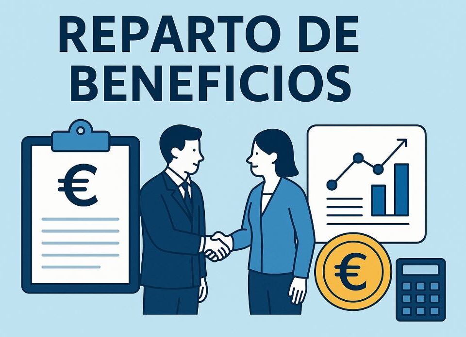 reparto de beneficios con empresarios dándose la mano, un gráfico financiero, una moneda de euro, calculadora y documento económico