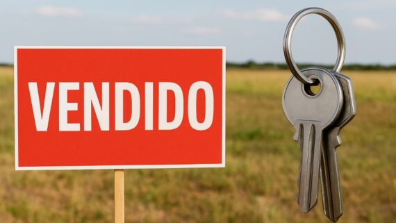 Llaves colgando junto a cartel de terreno vendido en un campo, simbolizando una operación inmobiliaria sujeta a IVA