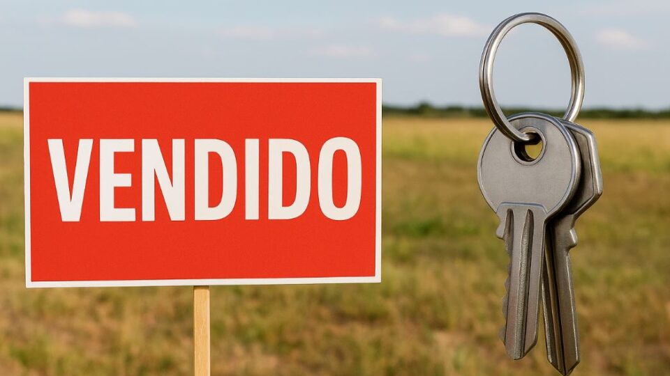 Llaves colgando junto a cartel de terreno vendido en un campo, simbolizando una operación inmobiliaria sujeta a IVA