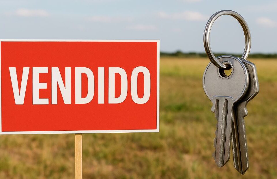 Llaves colgando junto a cartel de terreno vendido en un campo, simbolizando una operación inmobiliaria sujeta a IVA